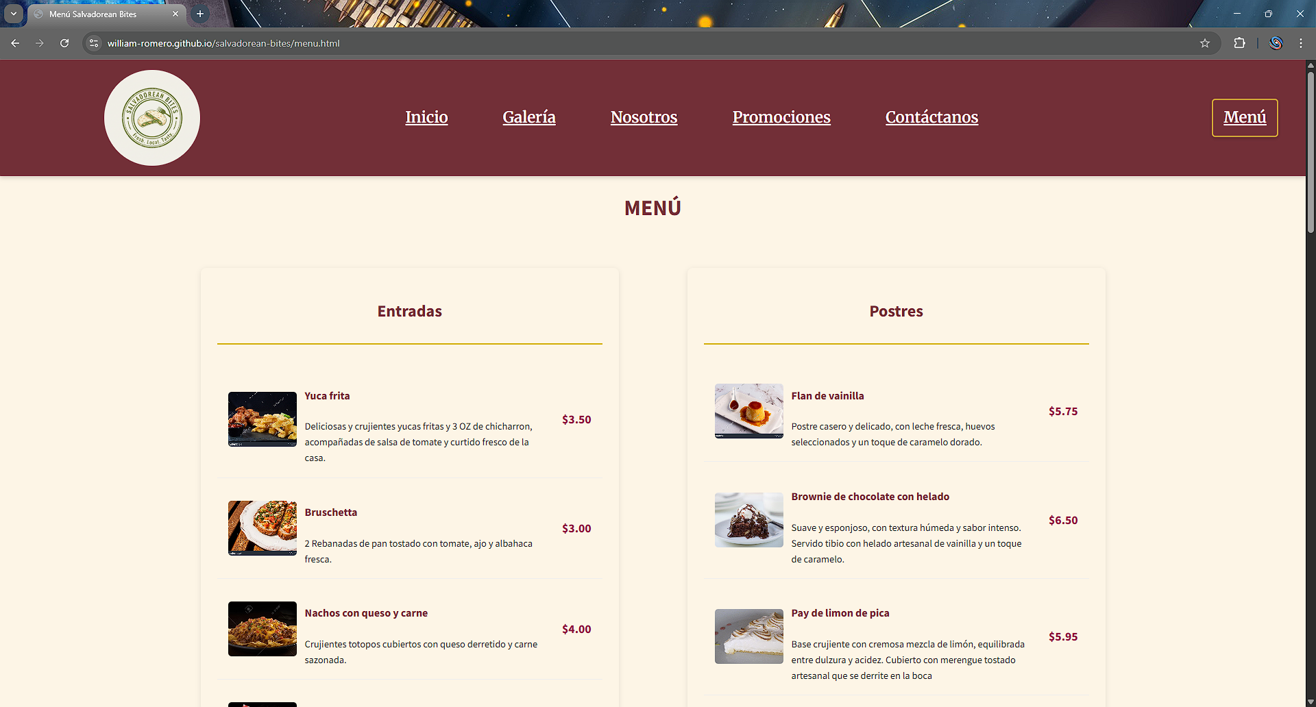 Captura de pantalla del proyecto Salvadorean Bites